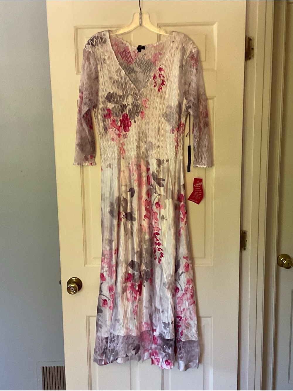Komarov Lace Sleeve Charmeuse Dress Midi Rouge Wisteria L NWT Wedding Guest - Picture 1 of 10